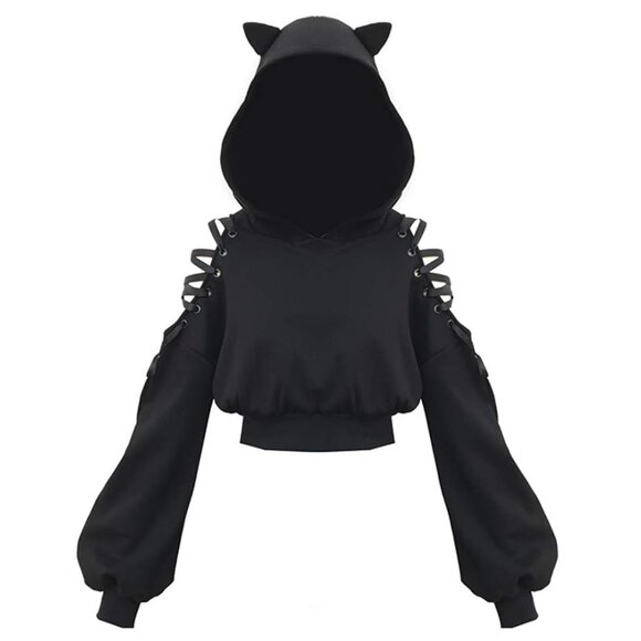 Cat Ear Hoodie Off Shoulder Crop Top Long Sleeve Pullover Sweatshirt ASIAN SIZE - Picture 2 of 16